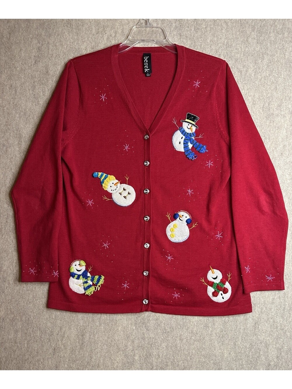 Berek Red Snowman Christmas Holiday Button Up Cardigan Sweater Womens Lg